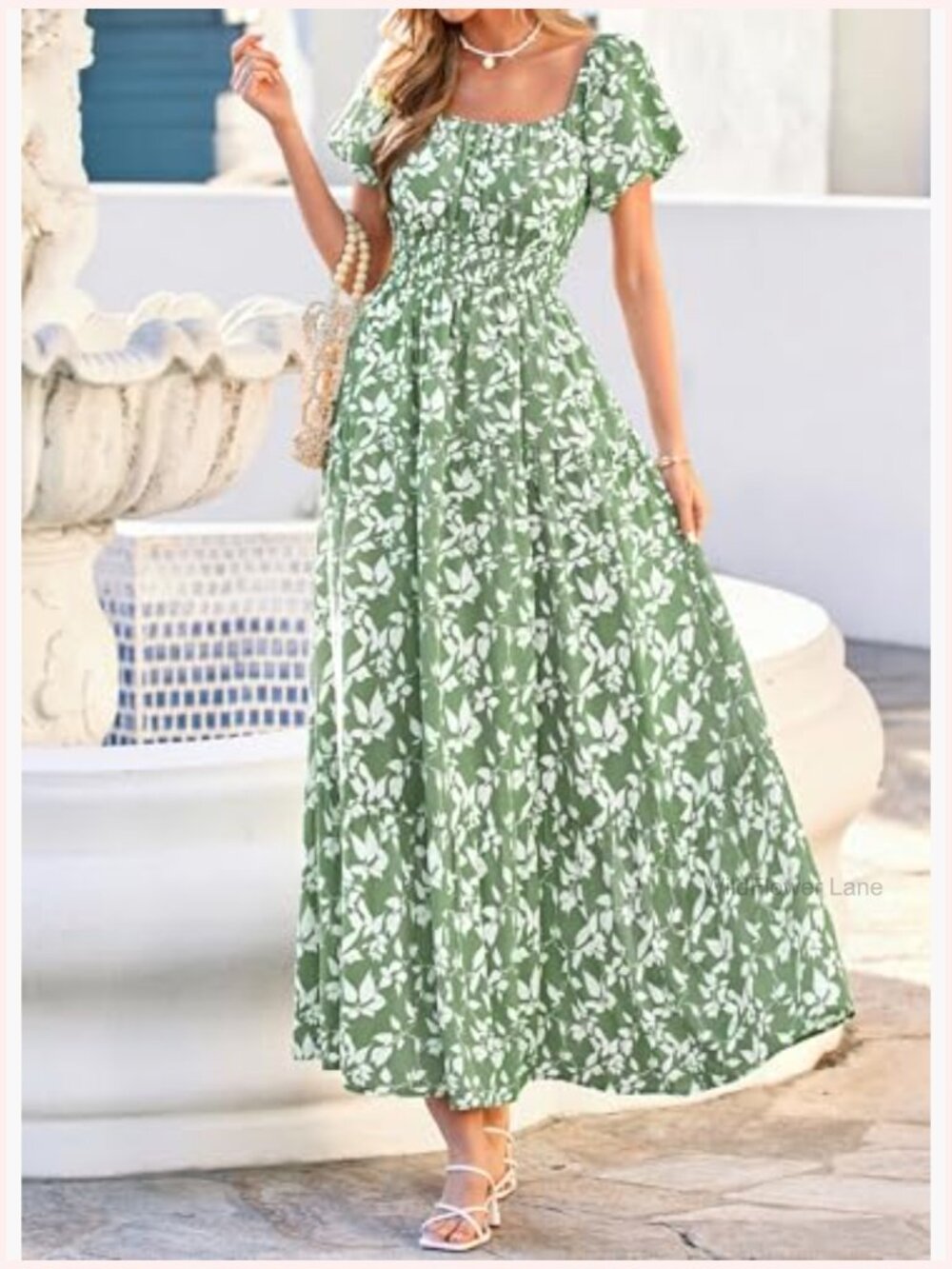 Puff Sleeve Maxi Dress Square Neck Smocked Tiered A-Line Flowy Pockets - Picture 5 of 7